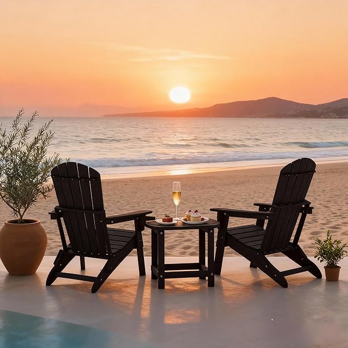 Folding Adirondack Outdoor Chairs HDPE Plastic Chair All Weather Cup Holder Black for Deck Backyard Patio Outdoor Garden