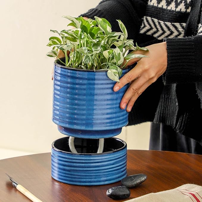 HASENSE Ceramic Self Watering Pots for Indoor Plant, 6 Inch Planter with Drainage Hole & Water Storage Saucer for Indoor & Outdoor Plants, Reactive Glaze Blue