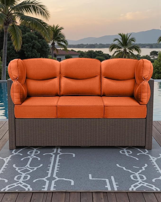 Luxury 24x24x6 Outdoor Corner Cushion 1 Set - Water-Repellent 3-Piece Cushion Set with Zipper for Outside Rattan Wicker Sofa Loveseat Chair Sectional Patio Conversation Sets - Orange/Smile