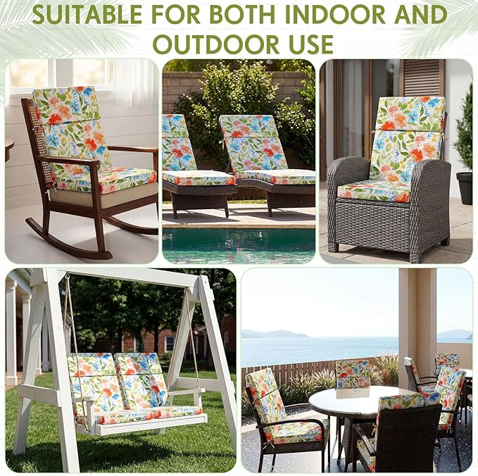 4 Pack Outdoor High Back Chair Cushion, 44 x 20 inches Patio Chair Cushions Waterproof Rocking Cushions Indoor Furniture Seat Pad, Weather Resistant (Floral,Pastel)