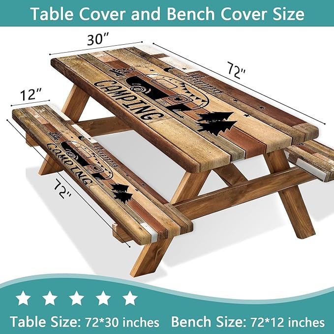 3PCS Picnic Table Cover with Bench Cover Brown Wooden Camping Tablecloth Fitted Picnic Picnic Table Cover with Elastic Windproof Waterproof, Outdoor & Garden Camping Accessories 72IN