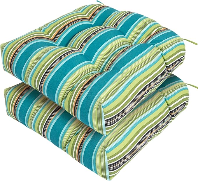 FUNHOME Outdoor Chair Cushions 19 x19 Inch,Water Resistant Tufted Seat Cushions 19",Reversible,Weather Resistant,Rounded Back Wicker Chair Cushion for Patio Garden Furniture(Green Stripe)