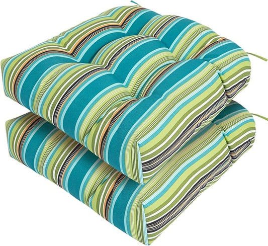 FUNHOME Outdoor Chair Cushions 19 x19 Inch,Water Resistant Tufted Seat Cushions 19",Reversible,Weather Resistant,Rounded Back Wicker Chair Cushion for Patio Garden Furniture(Green Stripe)
