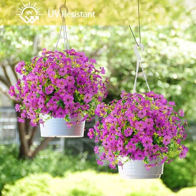 Artificial Flowers Outdoor Faux Plants UV Resistant Fake Patio Flowers Plastic Greenery Plnats Outside Bulk for Spring Garden Hanging Planter Home Vase Decor, 24 Bundles (Purple)