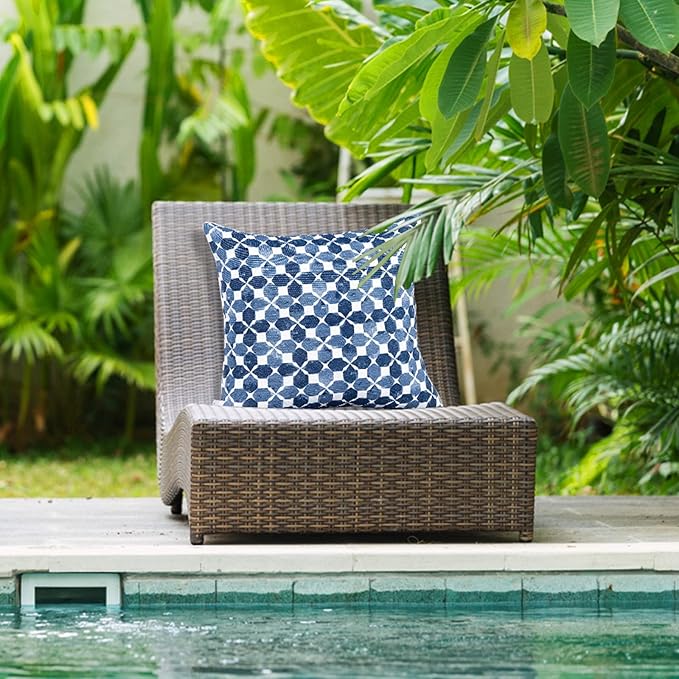 JMGBird Waterproof Outdoor Pillows Set of 2, 18x18 inch Weather Resistant White with Diamond Blue Petal Pattern Throw Pillows with Inserts for Patio Furniture