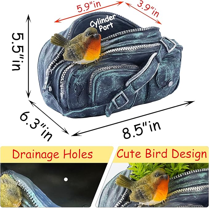 8.5"Denim Bag Bird Succulent Plant Pots,Resin Planter Flower Pots with Drainage Hole,Planting Pots for Cactus,Succulent Planters for Indoor Plants Home Garden Flower Pot Gifts for Plant Lovers