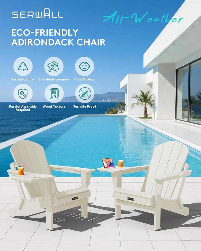 SERWALL Folding Adirondack Chair, Outdoor Adirondack Chairs with Multi-Functional Cup Holder, Wood-Like Patio Chairs, Lawn Chairs, All Weather Plastic Fire Pit Chair for Garden, Backyard, Deck - White
