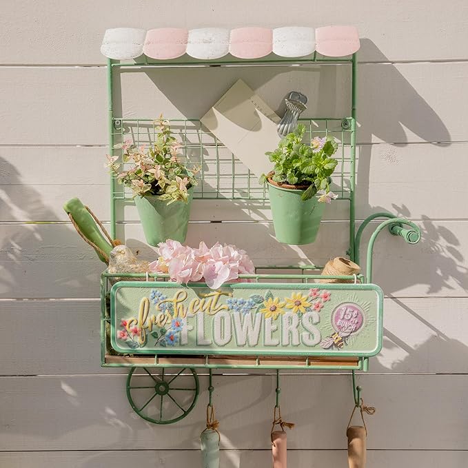 Vintage Rustic Metal Wall Plant Stand for Indoor Outdoor Decor,Garden Wall-Mounted Cart-Shaped Hanging Planter Holder with Flower Buckets & Storage Shelf Hooks for Patio Yard Farmhouse