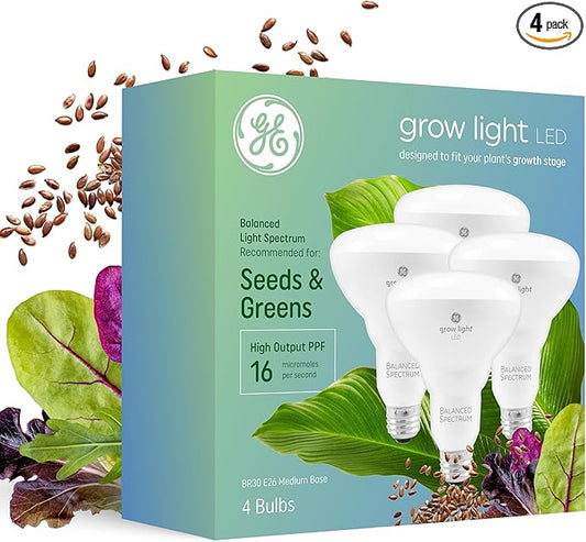 GE Grow Lights for Indoor Plants, BR30 Indoor Floodlight, LED Light Bulbs for Seeds and Greens, Balanced Light Spectrum, 25,000 Hours Lifespan, 16 PPF, 4 Pack (Packaging May Vary)