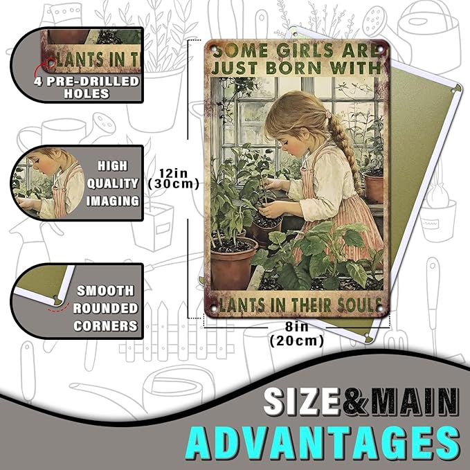 PEACHGARDEN Garden Decor Outdoor Metal Sign Some Girls are Just Born with Plants Retro Poster Tin Sign for Home Planting Room Yard Patio 8x12inch