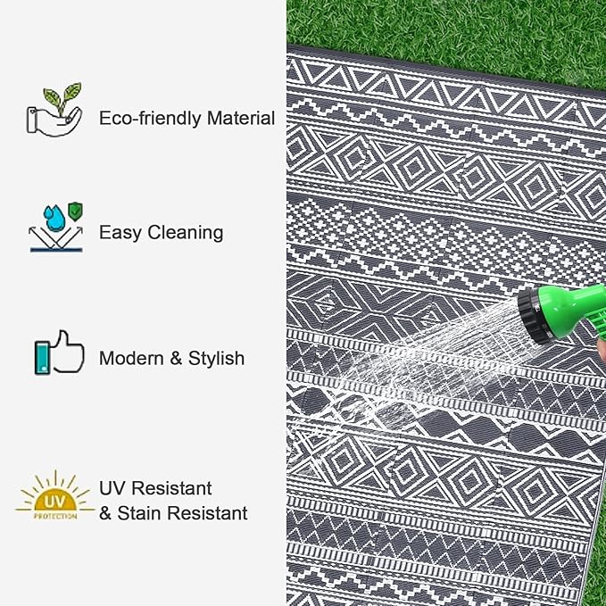 GarveeLife Outdoor Patio Rug 9x18 Waterproof Plastic Straw Rug, Reversible UV Resistant Foldable Camping Carpet Portable Outdoor Rug for Rv, Backyard, Grey & White
