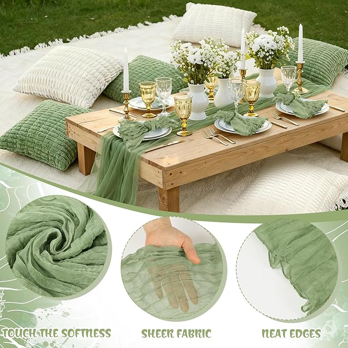 91 x 71 Extra Large Outdoor Boho Picnic Blanket with Sage Green Table Runner, 6 Throw Pillow Covers 6 Napkins Woven Cotton Yarn Oversize Beach Blanket Washable Picnic Camp Wedding