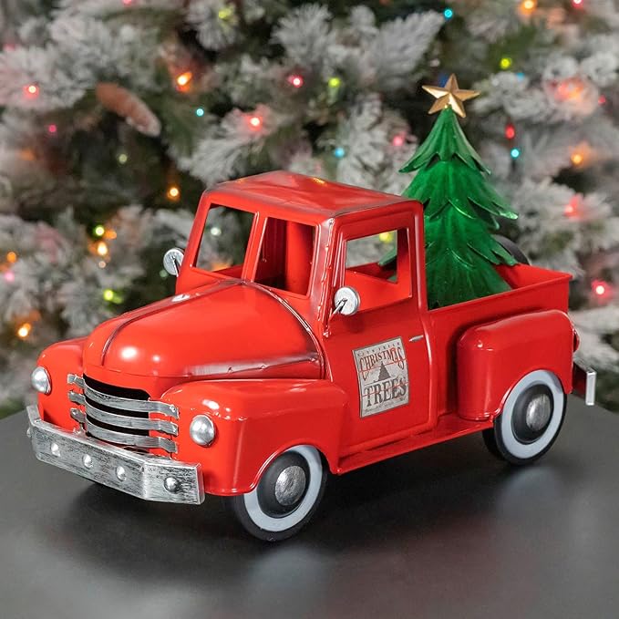 Zaer Ltd. Metal 18.5" Long Multi-Seasonal Christmas and Harvest Pickup Truck with Metal Tree, Pumpkins, and Matching Side-Magnet Sets (Glossy Red)
