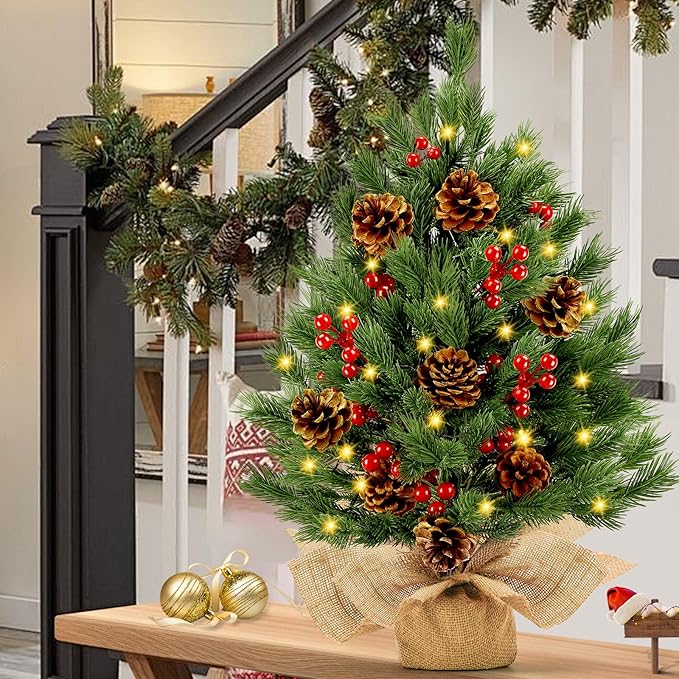 [ 8 Modes & Timer] 24 Inch Realistic Tabletop Christmas Tree Small Christmas Tree with 50 Warm Lights Battery Operated Indoor Home Table Christmas Decorations