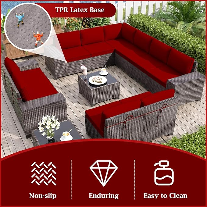 Outdoor Sectional Cushions, 4" Foam High-Density, Water-Resistant Couch Cushions Replacement Set, 14 Piece Patio Sectional Cushion for 6-Seat Sectional Patio Conversation Sets (Red)