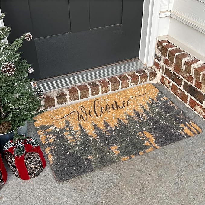 Winter Chirstmas Welcome-Doormat Outdoor-Entrance Pine-Trees Front-Door-Mat, Faux-Coir Seasonal Entryway-Rug Non-Slip Dirt-Trapping Indoor-Outside Porch Mat 17"x30" for Home Decor