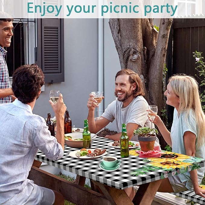 Picnic Table Cover with Bench Covers and Bag, Outdoor Waterproof Windproof Tablecloth with Elastic Edges. Camping Accessories RV Gear Campers 60x30 Inches 3 Pcs Set Black-White Checkered