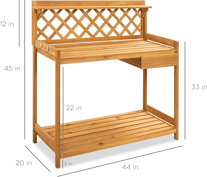 Best Choice Products Outdoor Garden Potting Bench, Wooden Workstation Table w/Cabinet Drawer, Open Shelf, Lower Storage, Lattice Back - Natural