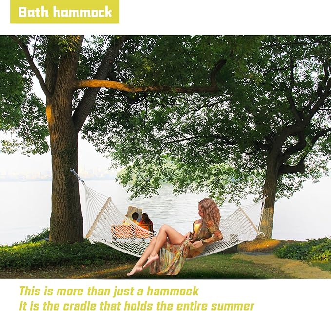 Hammocks Double Rope Hammock,Portable HandwovenTraditional Cotton Rope1 Person Hammock,with Spreader Bar,for Suitable for Patio, Beach, Garden(Blue)