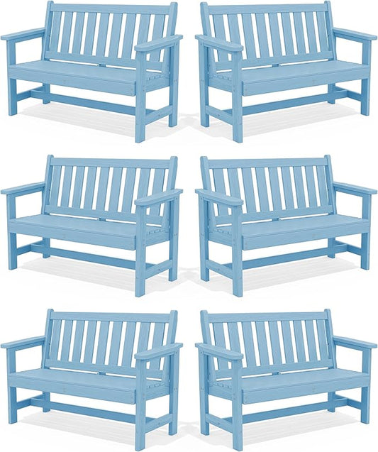 SERWALL Outdoor Bench, HDPE Outdoor Benches Weatherproof, 2-Person Garden Bench with 660 lbs Weight Capacity, Patio Benches for Outdoors, Garden, Porch, Backyard and Park, Light Blue, 6 Pack
