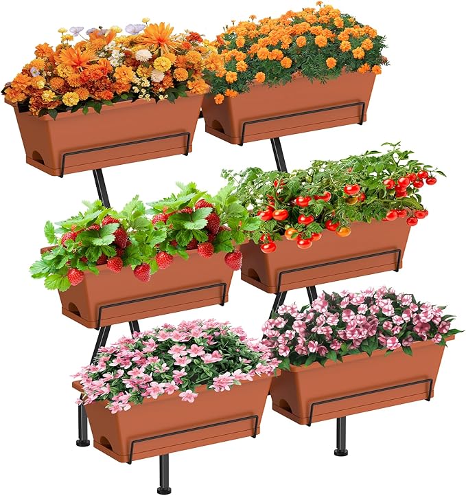 Sunexinlo 3-Tier Vertical Garden Planter with 6 Boxes, 31" Tall Raised Garden Bed with Adjustable Feet for Herbs, Flowers, Vegetables, Ideal for Indoor, Outdoor, Patio, Balcony, Deck Use, Brick Red