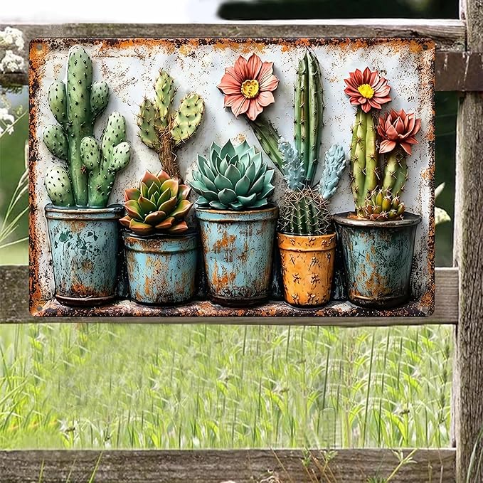 Gardening Gifts Vintage Garden Mental Tin Signs Cactus Plant Flower Printing for Home Yard Greenhouse Outdoor Decoration (8x12 Inch)