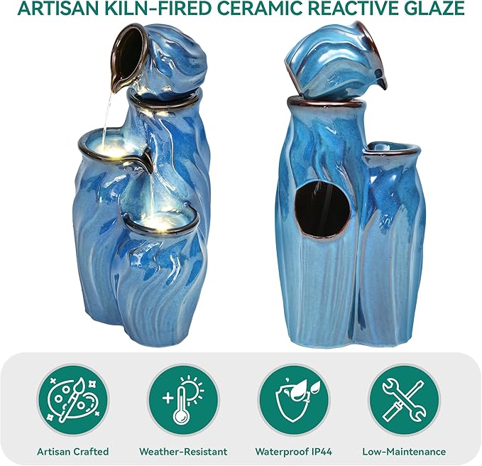29" Ceramic Outdoor Fountain with Lights, 4-Tier Pots Waterfalls Patio Water Fountain, Tranquil Oasis for Relaxing Garden, Yard, or Porch Decor, Turquoise, Dynamic Wave-Texture