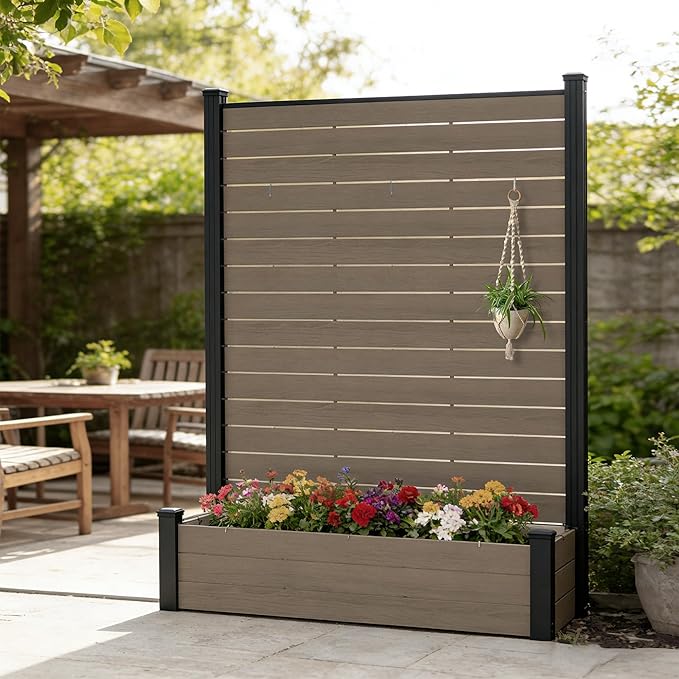 Kozyard Privacy Screen with Planter, 70" H x 51" W Outdoor Garden Screen, Waterproof Aluminum Frame with Thick Wood-Plastic Boards, Decorative Privacy Screen for Patio, Balcony & Backyard Beige