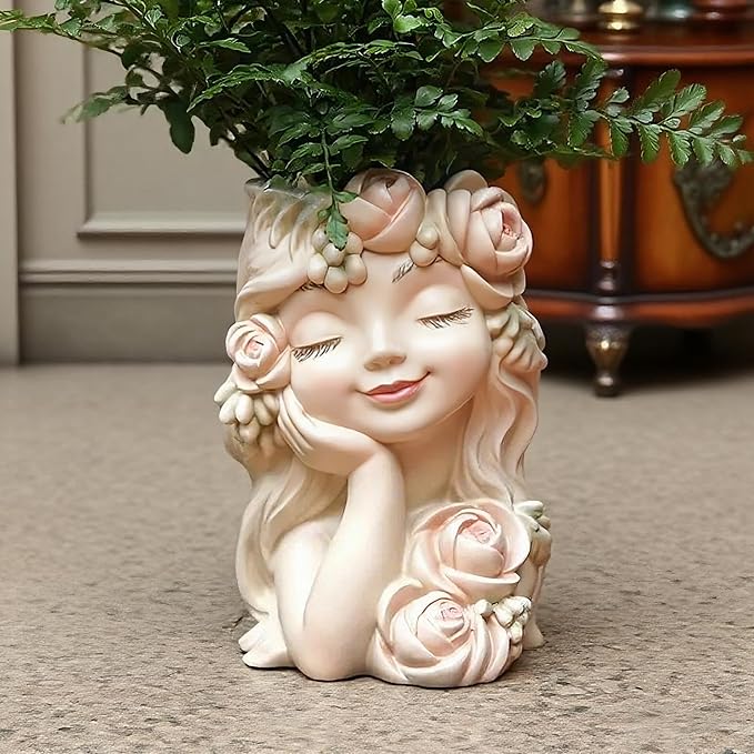 Teaeeno Decorative Garden Fairy Head Planter, Resin Flower Pot Sculpture, Pearl White with Rose Details