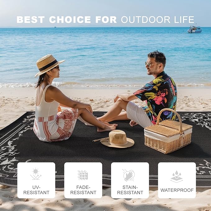 wikiwiki Outdoor Rug, 8x10ft Waterproof Reversible Mat Indoor Outdoor Rugs Carpet, Small Area Rug Plastic Straw Rug for Patio Deck Balcony Pool RV Camping Beach Picnic, Classic Black, Rugscape Series