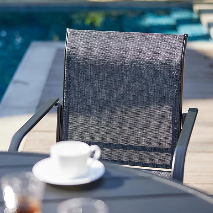 VICLLAX Patio Stackable Dining Chairs Set for 4, Outdoor Sling Chairs with Metal Frame for Front Porch Balcony Backyard Garden and Deck, Black Grey