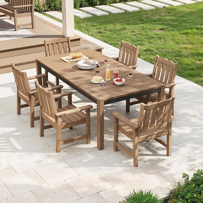 Stoog 7-Piece All-Weather Patio Dining Set, HIPS & Aluminum Outdoor Table with Umbrella Hole, 6 Waterproof Chairs, Fade & Rust Resistant, for Backyard, Garden, Deck, Teak