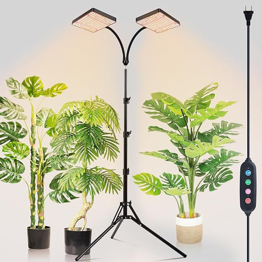 2026 2Head Grow Light with Stand, 50 Watt Power Draw, Big Coverage and Bright Enough for Indoor Large and Tall Plants, Bonsai Tree, 40"-64" Height Adjustable