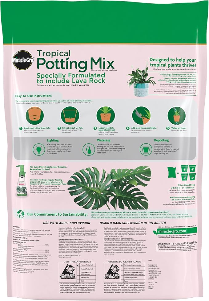 Miracle-Gro Tropical Potting Mix - Growing Media for Tropical Plants Living in Indoor and Outdoor Containers, 6 qt. (4-Pack)