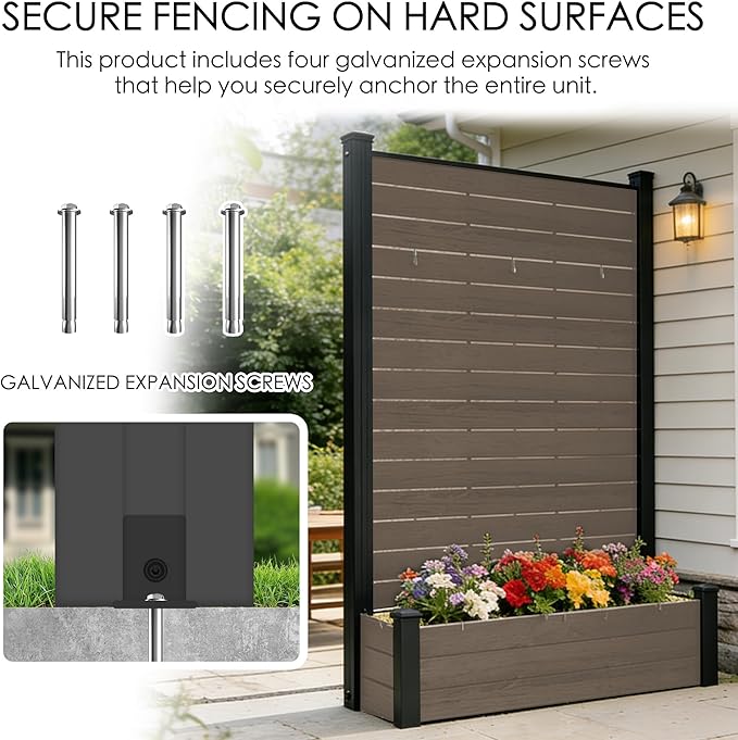 Kozyard Privacy Screen with Planter, 70" H x 51" W Outdoor Garden Screen, Waterproof Aluminum Frame with Thick Wood-Plastic Boards, Decorative Privacy Screen for Patio, Balcony & Backyard Beige
