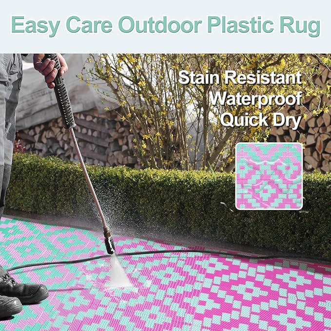 Wonnitar Outdoor Rug 9x12 Waterproof Reversible Plastic Straw Rug for Patio Clearance, Modern Outside Area Rug RV Rug for Camping, Indoor Outdoor Portable Mat for Deck Balcony Porch, Green/Pink