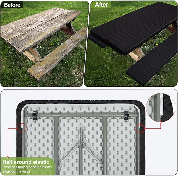 Picnic Table Cover with Bench Covers Camping Essentials Waterproof Windproof Camping Tablecloth with Drawstring Bag, Fitted Rectangle Tables and Seats, 96in, Black