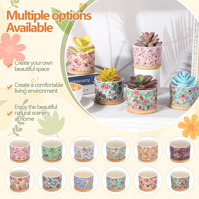12 Pack 3.14 Inch Ceramic Succulent Plant Pots Mini Flower Cylinder Pots with Drainage Hole and Bamboo Trays for Small Plants Flowers Cactus Home Office Decor(Chinoiserie)