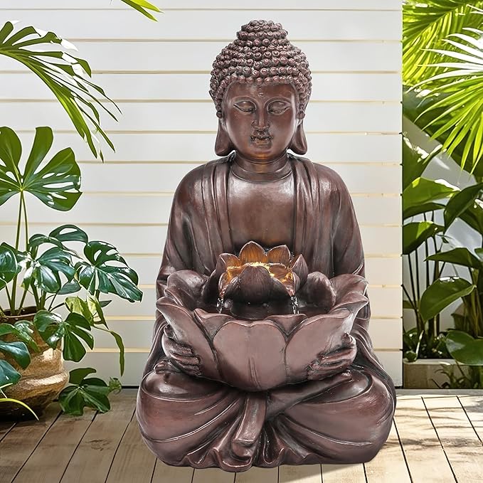 18.9" H Buddha Outdoor Water Fountain, Zen Style Garden Fountain with LED Lights and Pump, Relaxing Waterfall for Patio, Porch, or Yard Decor, Faux Bronze