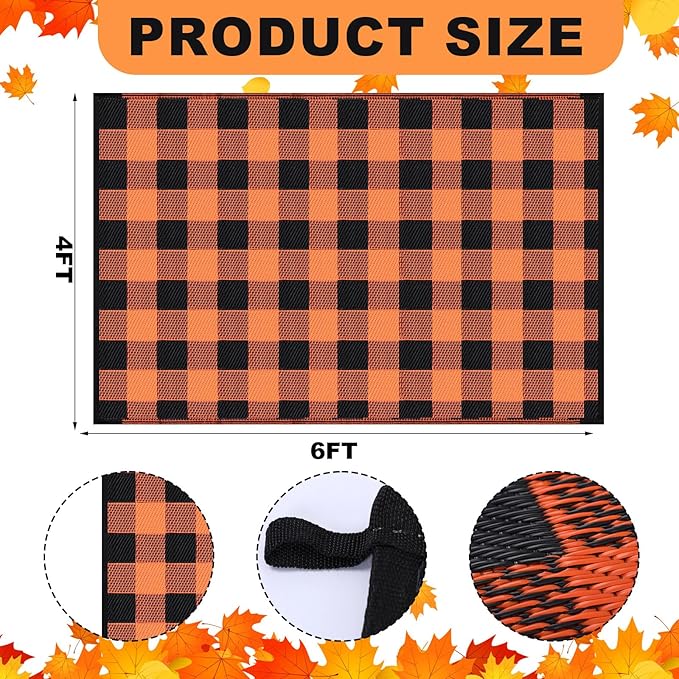 Tinideya 4' x 6' Thanksgiving Plastic Straw Outdoor Rug Waterproof Plaid Buffalo Front Doormat Porch Mat Patio Deck Mat for Outside Indoor Garden Lawn Balcony Holiday Decorations(Orange and Black)