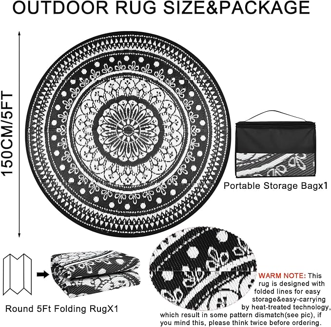 Cekene Round Outdoor Rugs Waterproof 5Ft Reversible Outdoor Patio Rugs Lightweight Plastic Straw Rugs Portable RV Camping Mat Floor Carpet for Deck Porch Picnic, Black and White