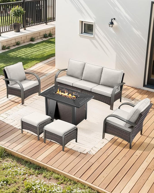HUMMUH Outdoor Patio Furniture Set with Fire Pit-PE Wicker Patio Chairs Set of 2 with Rattan Sofa Patio Conversation Set for Deck Porch Garden Poolside Backyard-Brown/Beige