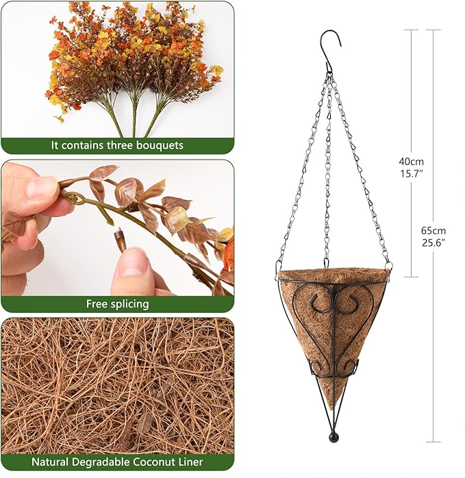 Fall Artificial Fake Mums Hanging Flowers Plants Basket for Outdoor Autumn Decoration, Fake Silk Orange Planters UV Resistant Look Real for Home Patio Balcony Yard Porch Decor(Yellow Orange)