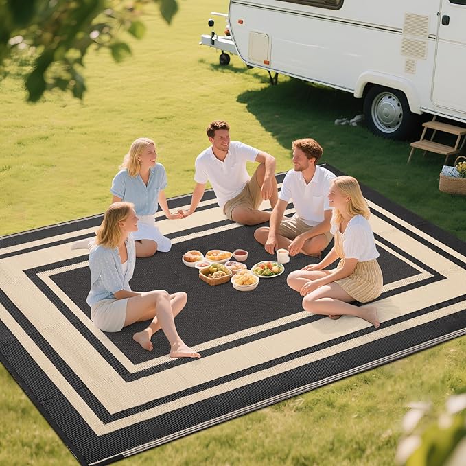 RURALITY Outdoor Rug 9x12 Waterproof for Patio Clearance,Large Plastic Straw Mat for Camping,Porch,RV,Reversible,Black and Beige