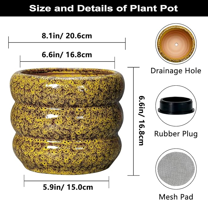 SQOWL Ceramic Planter - 8 Inch Indoor Plant Pot with Drainage Hole, Round Planter for Outdoor Plants, Ceramic Flower Pots, Bubble Planters, Home Room Porch Decor, Plant Lover Gifts, Yellow