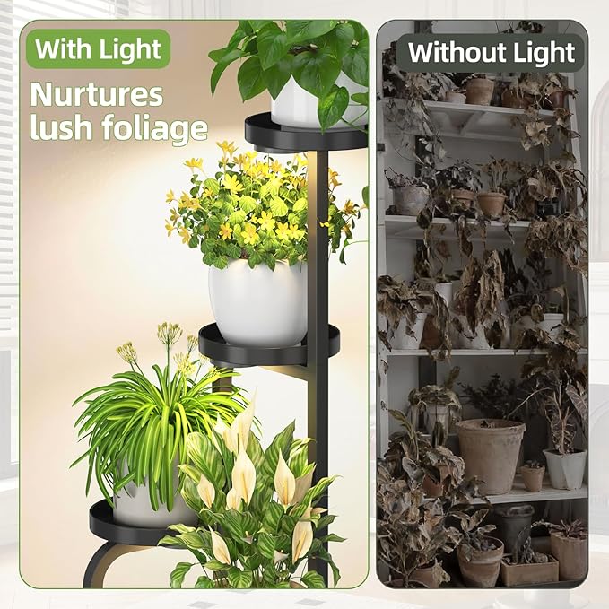 iDavosic.ly Tall Plant Stand Indoor with Grow Light, 4 Tier Corner Multiple Flower Holder Shelf with Metal Trays, Space Saving Display Rack for Living Room Balcony Patio Porch | Black & Brown
