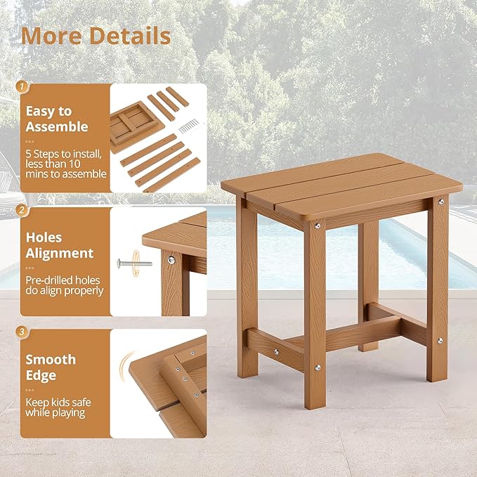 LUE BONA Outdoor Side Table Set of 2, HDPS Small Outdoor Table, Adirondack Side Table,Outside End Table for Patio, Porch, Pool, Weather Resistant/Easy Maintenance/Indoor or Outside Use, Teak Color