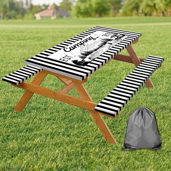 3PCS Picnic Table Cover with Bench Covers Black Stripe Bear Pattern Camping Tablecloth Fitted Picnic Picnic Table Cover with Elastic Windproof Waterproof, Outdoor Camping Accessories 60IN
