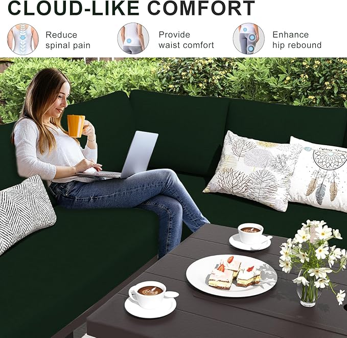 Patio Sectional Cushions, 14-Piece Replacement Cushions for Outdoor Furniture, Water-Resistant Outdoor Sofa Cushion for 6-Seat Rattan Wicker Sectional Conversation Sets (Dark Green)