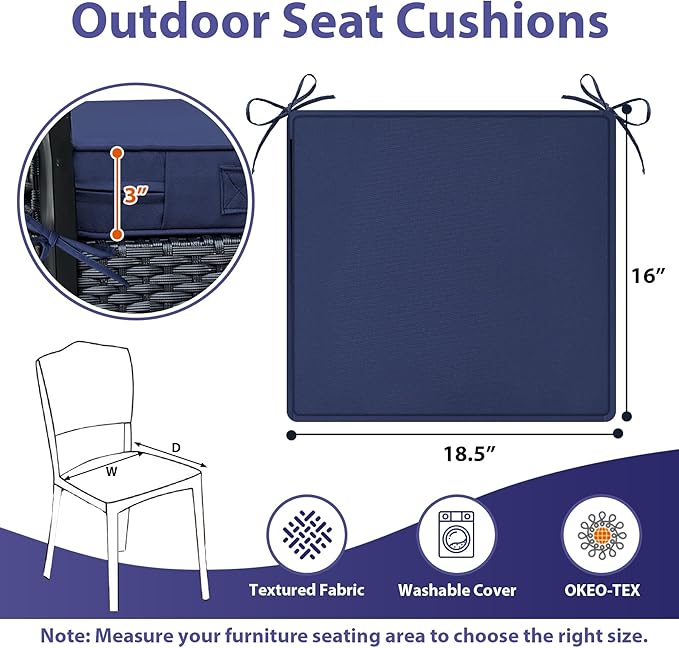 Outdoor Chair Cushions Set of 4 -Waterproof Outdoor Seat Cushions for Patio Furniture, Patio Chair Cushion with Handle and Ties, Square Out Door Chair Pads,18.5" x 16" x 3", Navy Blue